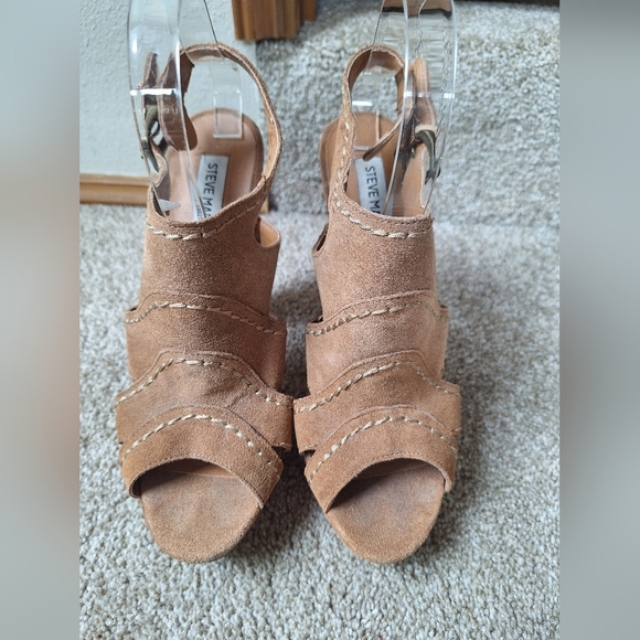 Steve Madden Ricki Boho Tan Suede Peep Toe Buckle High Heel Club Womens Size 9M - Picture 6 of 9